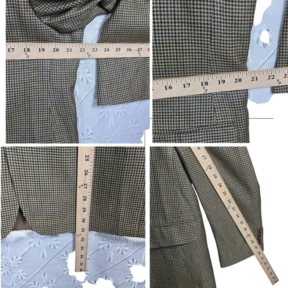 Chaps‎ Blazer Men 42R 100% Silk Houndstooth Beige Brown Blue 2 Button Academia